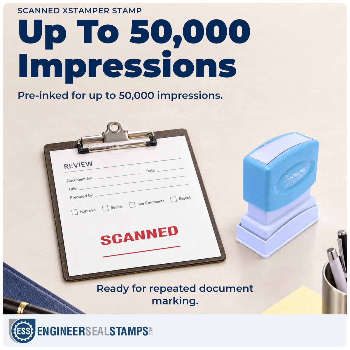Re-inkable "Scanned" stamp built for thousands of repeat impressions