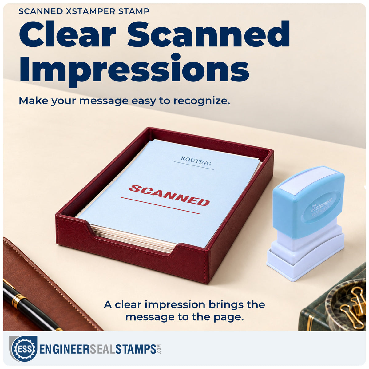 "Scanned" imprint on office paperwork beside the Scanned Stamp For Document Tracking – Pre-Inked Xstamper