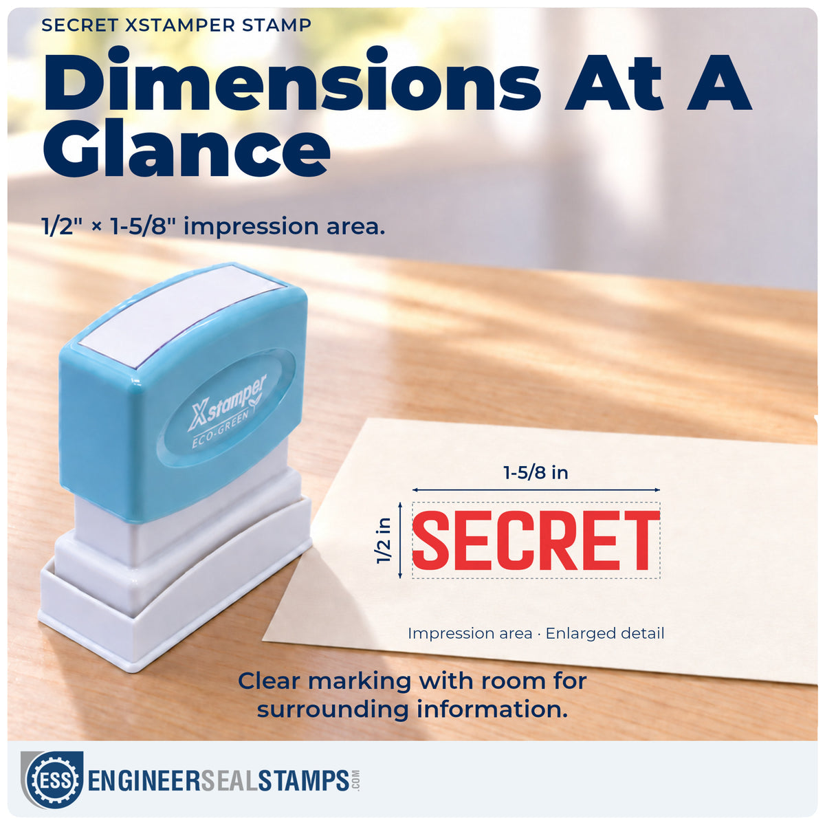 Impression size guide: the "Secret" imprint measures 1/2 x 1-5/8 in