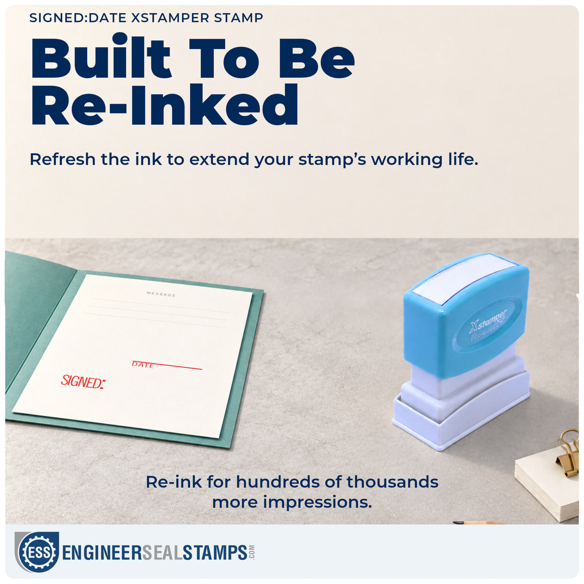 Re-inkable "Signed: date" stamp built for thousands of repeat impressions