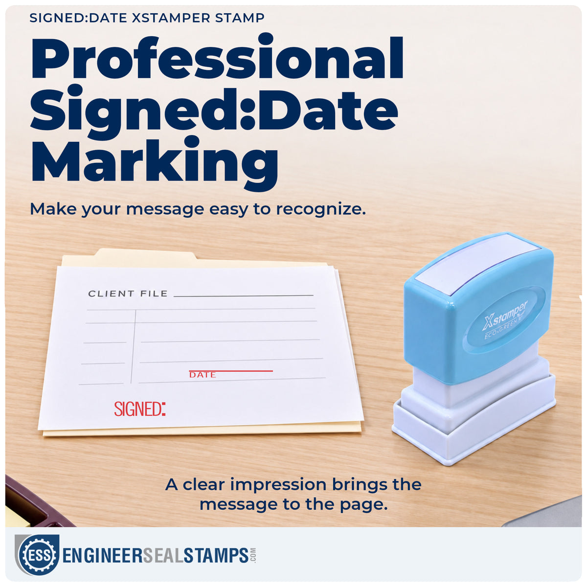 "Signed: date" imprint on office paperwork beside the Xstamper Signed: Date Stamp – Pre-Inked