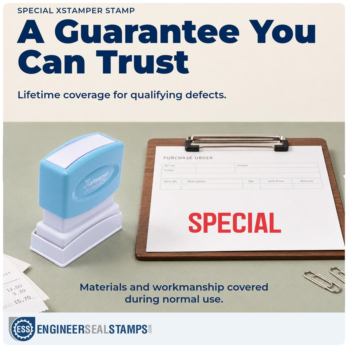 Lifetime guarantee coverage on the "Special" Xstamper pre-inked stamp