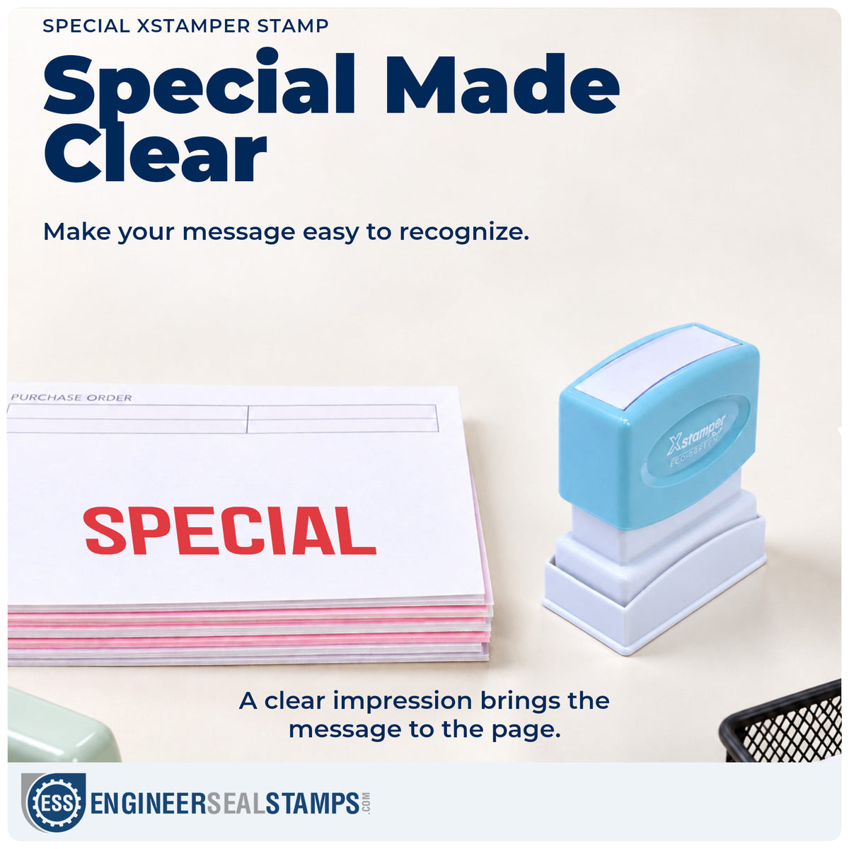 "Special" imprint on office paperwork beside the Special Office Stamp – Pre-Inked Xstamper