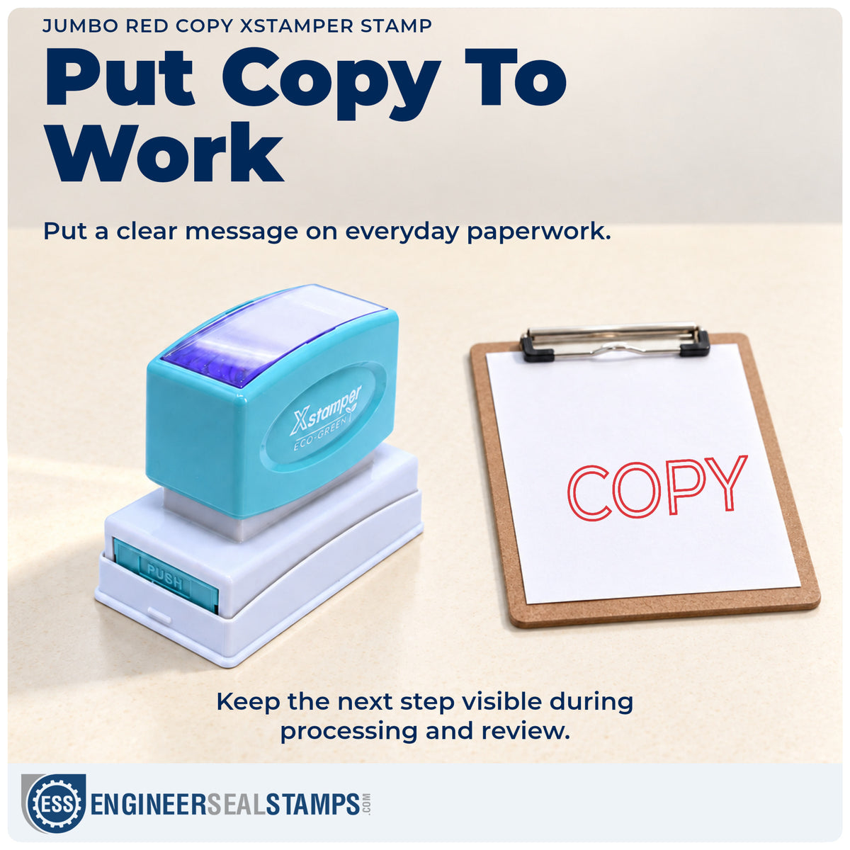 "Copy" stamp being pressed onto a document during everyday filing