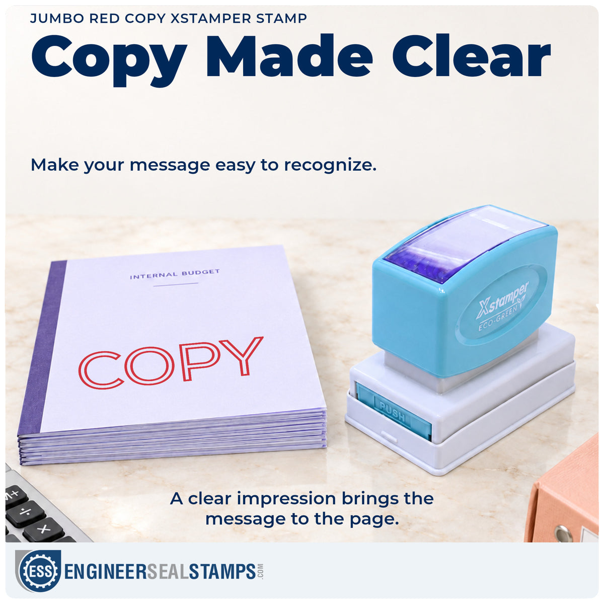 "Copy" imprint on office paperwork beside the Copy Stamp For Document Filing – Jumbo Red Pre-Inked Xstamper
