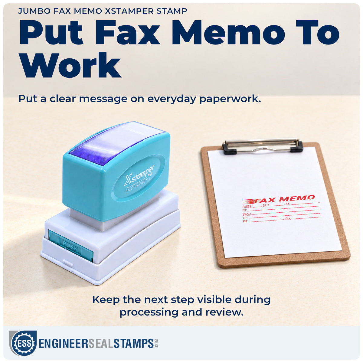 "Fax memo" stamp being pressed onto a document during everyday filing