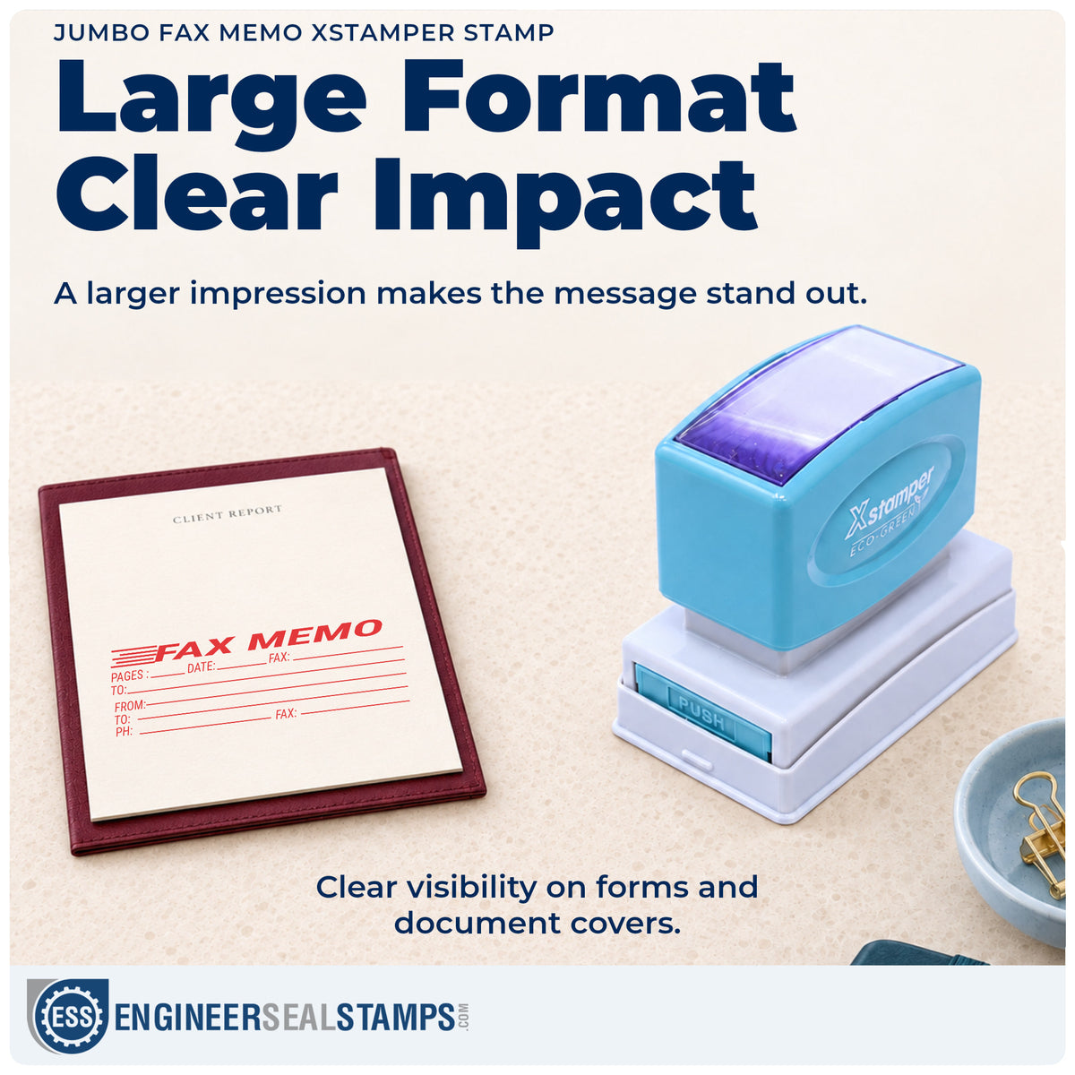 Features of the "Fax memo" Xstamper No. 3243 pre-inked stamp