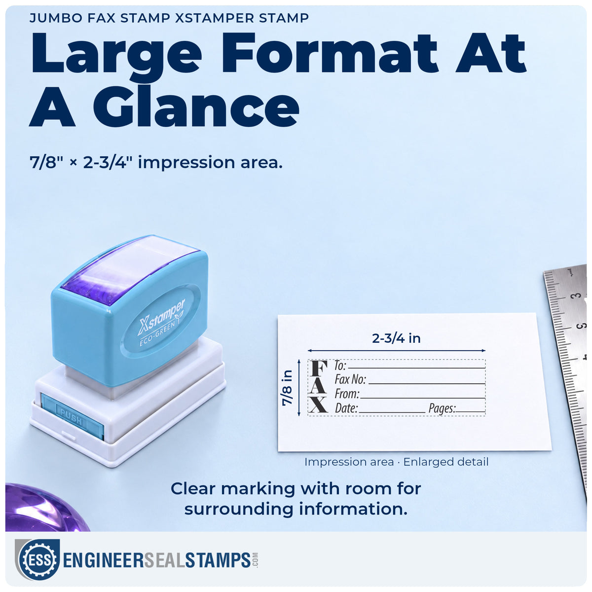 Impression size guide: the "Fax stamp" imprint measures 7/8 x 2-3/4 in