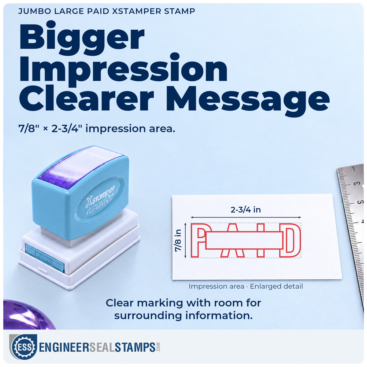 Impression size guide: the "Paid" imprint measures Approximately 7/8 in tall x 2-3/4 in wide