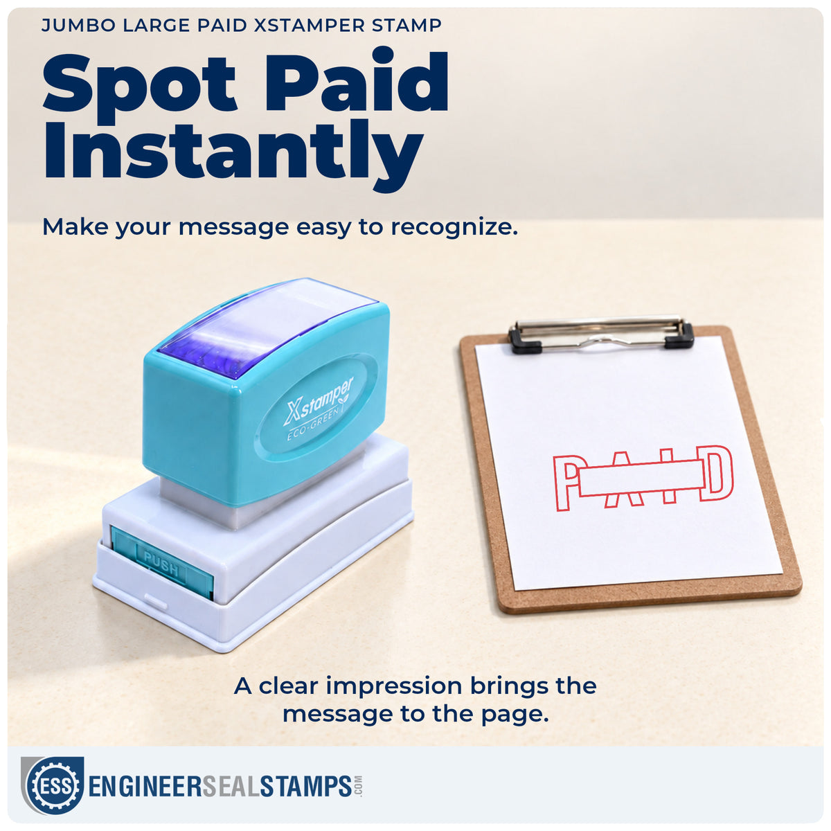 "Paid" imprint on office paperwork beside the Paid Stamp – Jumbo Pre-Inked Xstamper