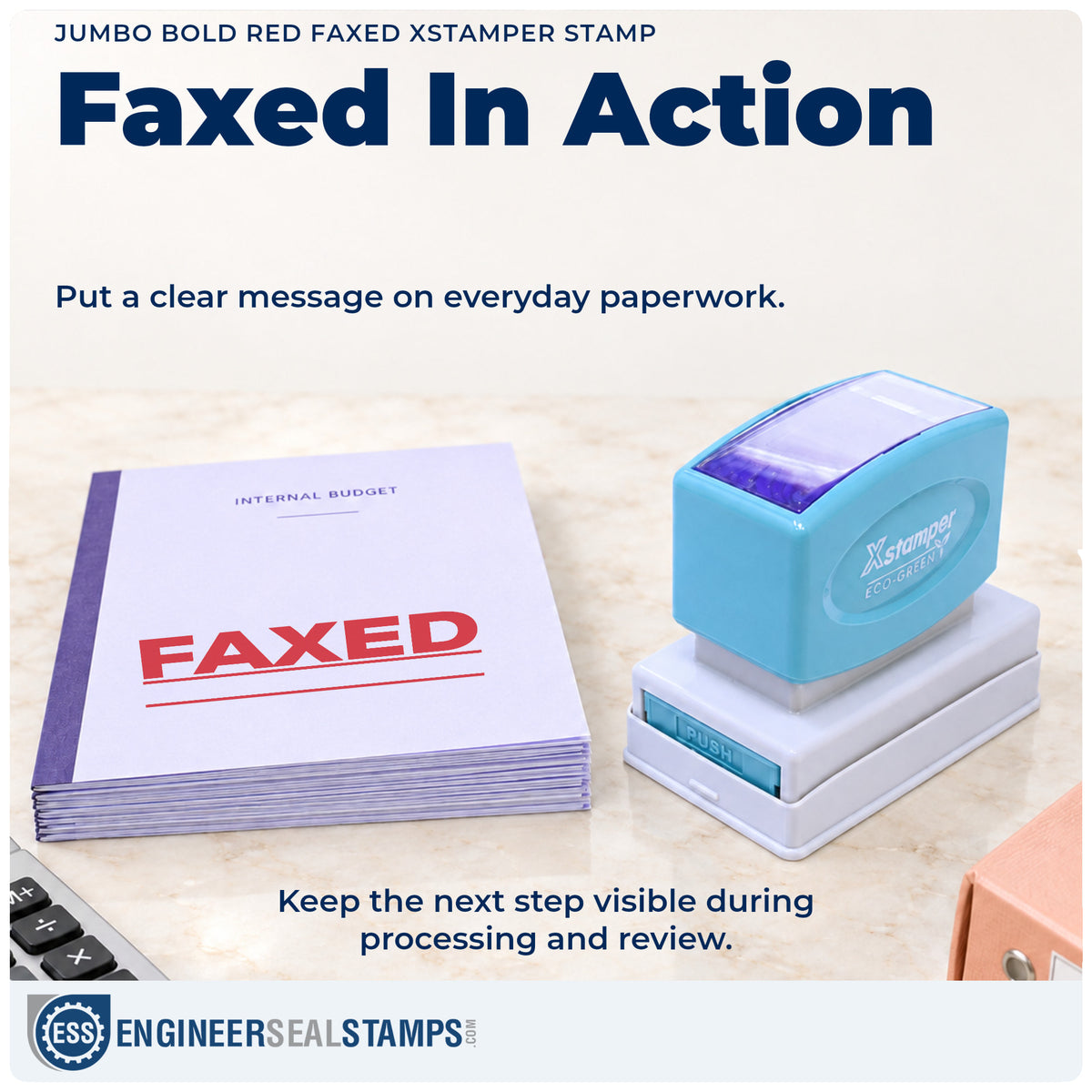 "Faxed" stamp being pressed onto a document during everyday filing