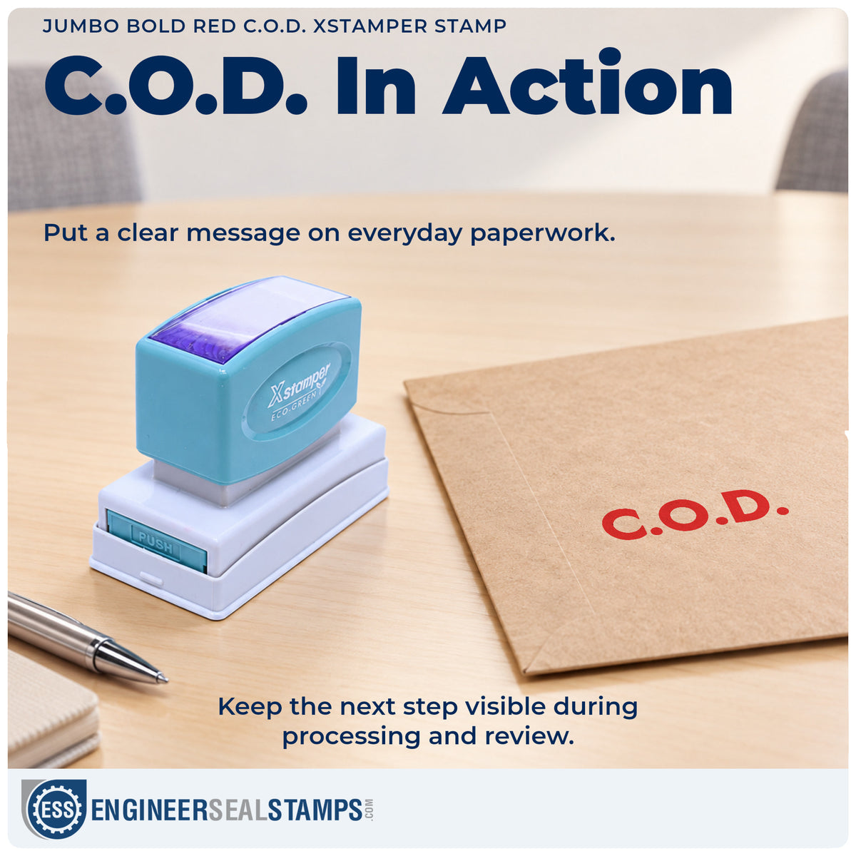 "C.O.D." stamp being pressed onto a document during everyday filing