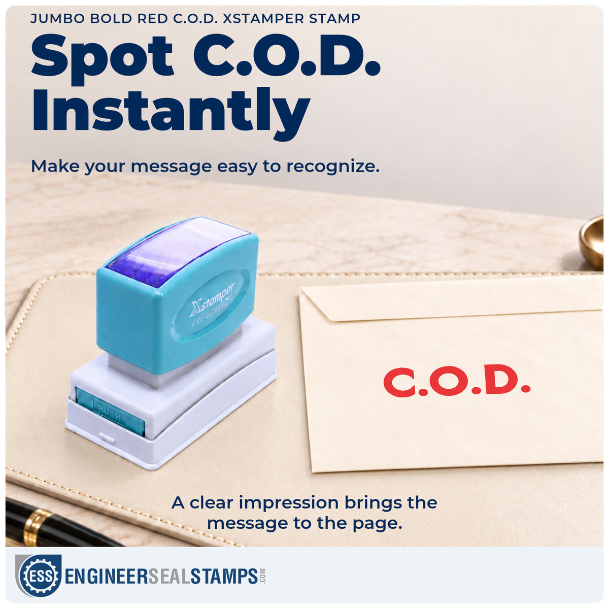 "C.O.D." imprint on office paperwork beside the Jumbo Bold Red C.O.D. Stamp – Pre-Inked Xstamper