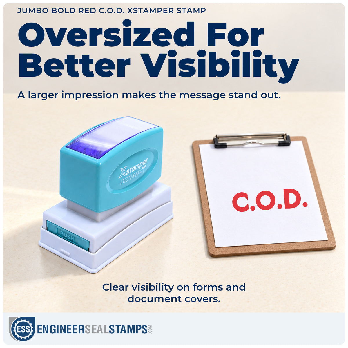 Features of the "C.O.D." Xstamper No. 2026 pre-inked stamp