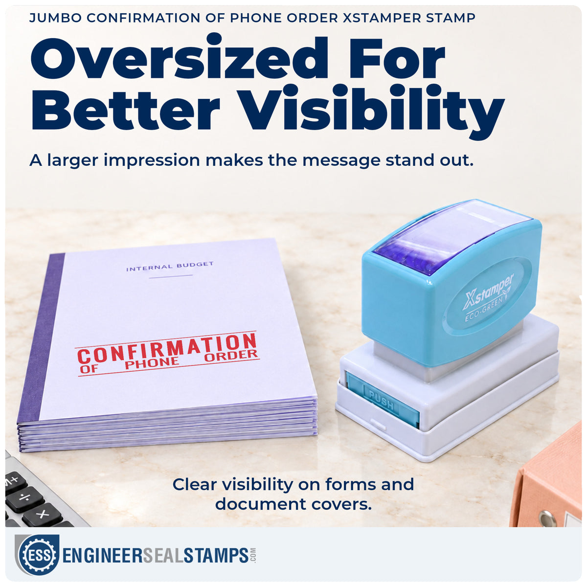 Features of the "Confirmation of phone order" Xstamper No. 3214 pre-inked stamp