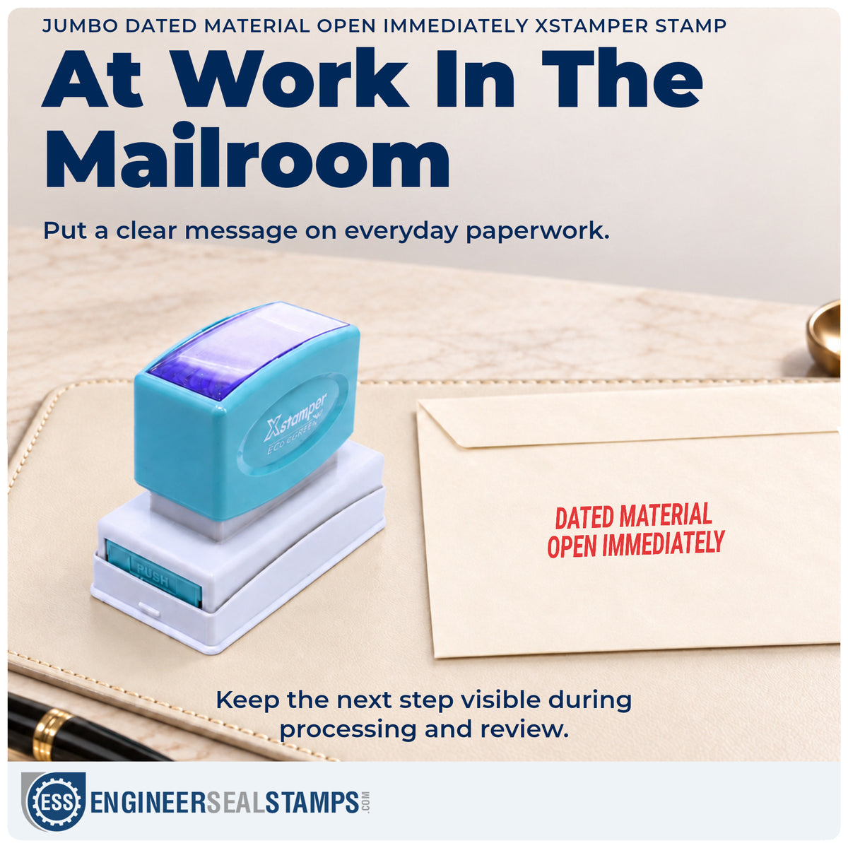 "Dated material open immediately" stamp being pressed onto a document during everyday filing