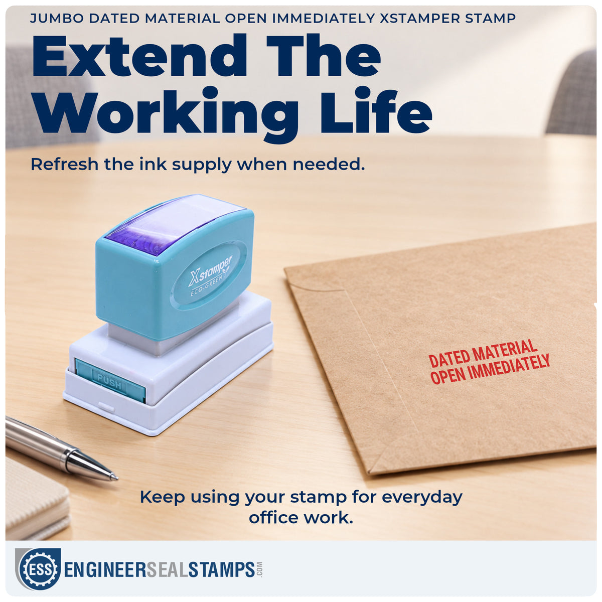 Re-inkable "Dated material open immediately" stamp built for thousands of repeat impressions