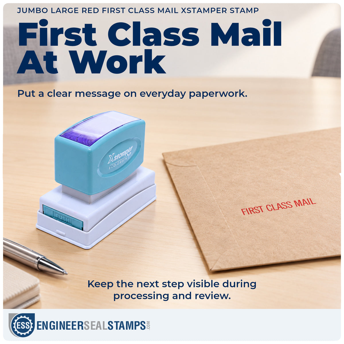 "First class mail" stamp being pressed onto a document during everyday filing
