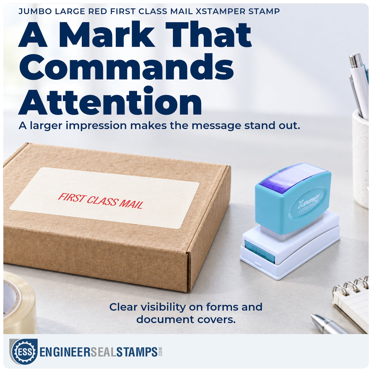 Features of the "First class mail" Xstamper No. 3239 pre-inked stamp