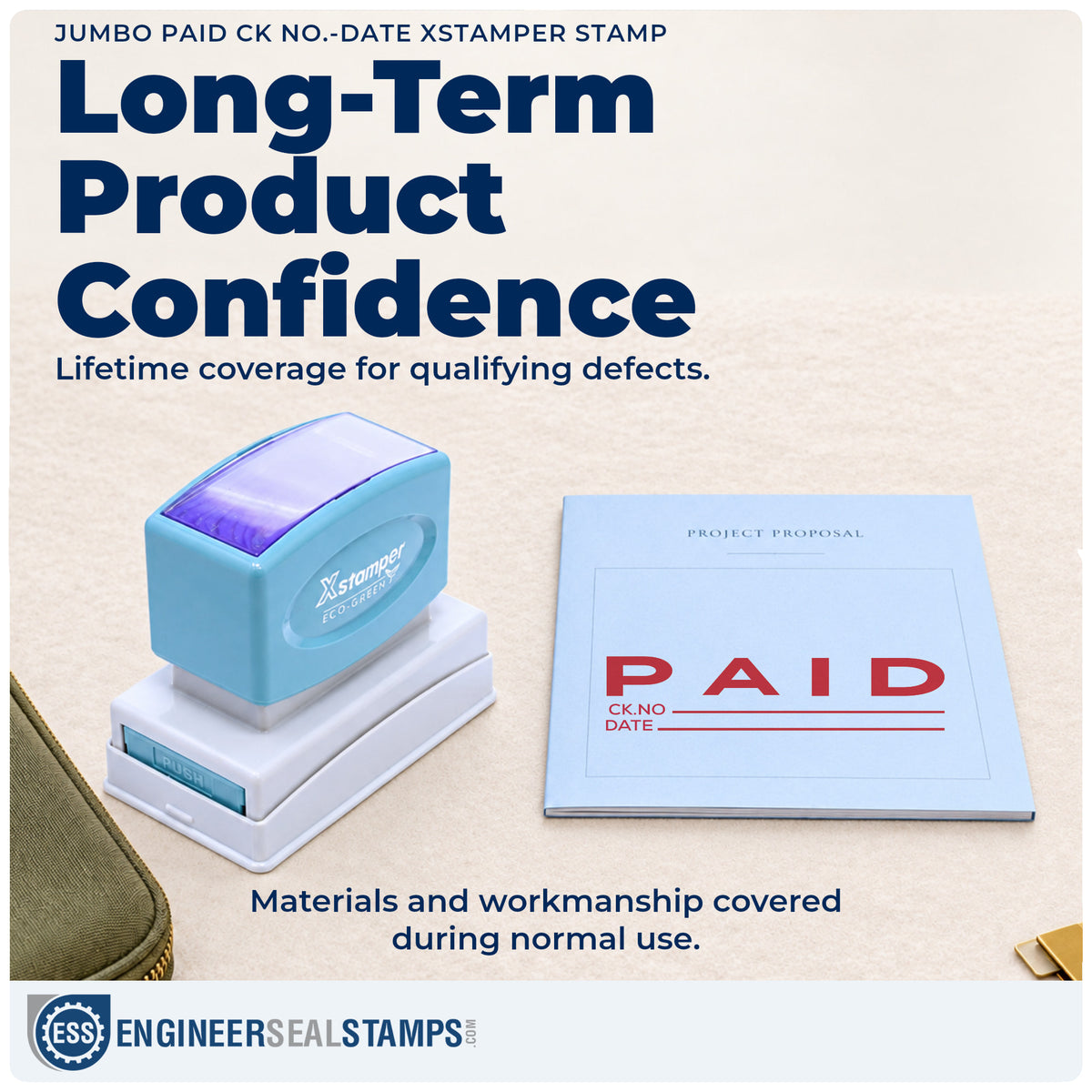 Lifetime guarantee coverage on the "Paid CK No.-Date" Xstamper pre-inked stamp