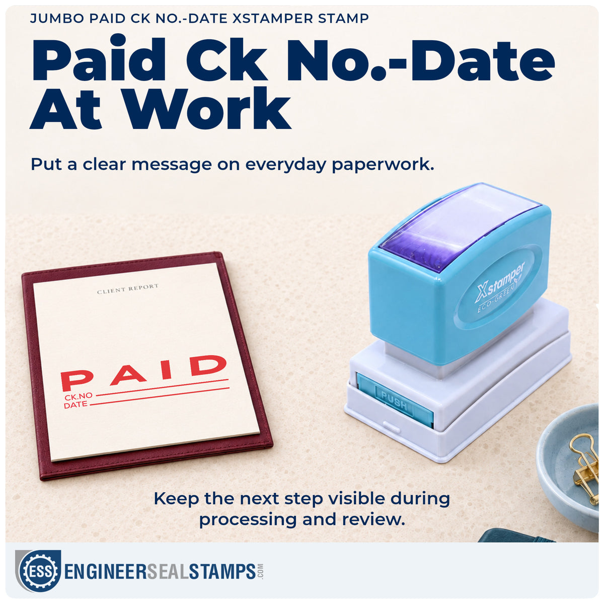 "Paid CK No.-Date" stamp being pressed onto a document during everyday filing