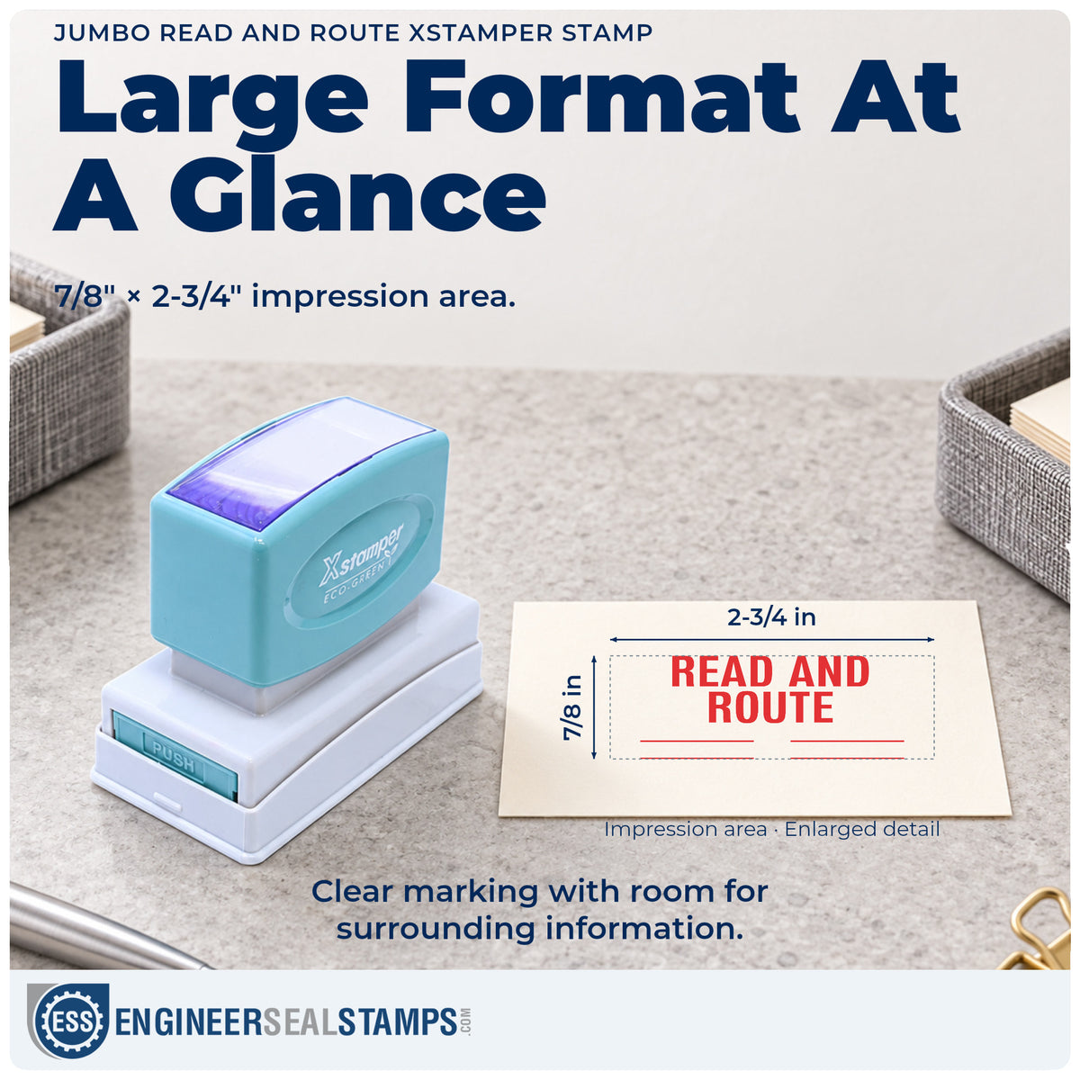 Impression size guide: the "Read and route" imprint measures 7/8 x 2-3/4 in