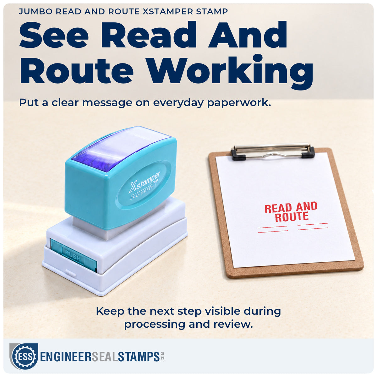 "Read and route" stamp being pressed onto a document during everyday filing