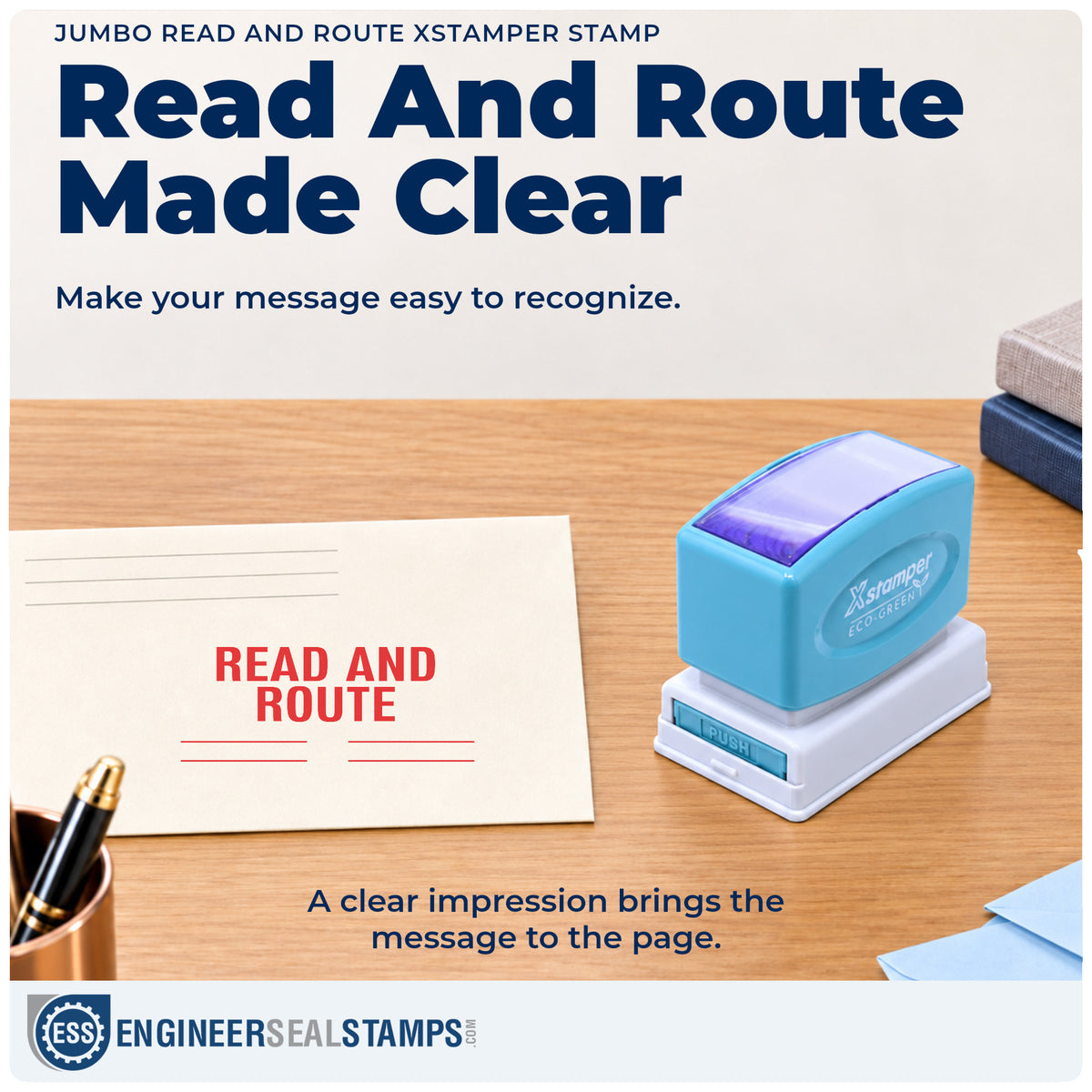 "Read and route" imprint on office paperwork beside the Xstamper Read And Route Stamp – Jumbo Pre-Inked