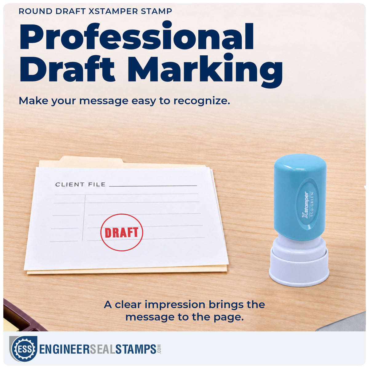"Draft" imprint on office paperwork beside the Draft Stamp For Document Review – Round Pre-Inked Xstamper
