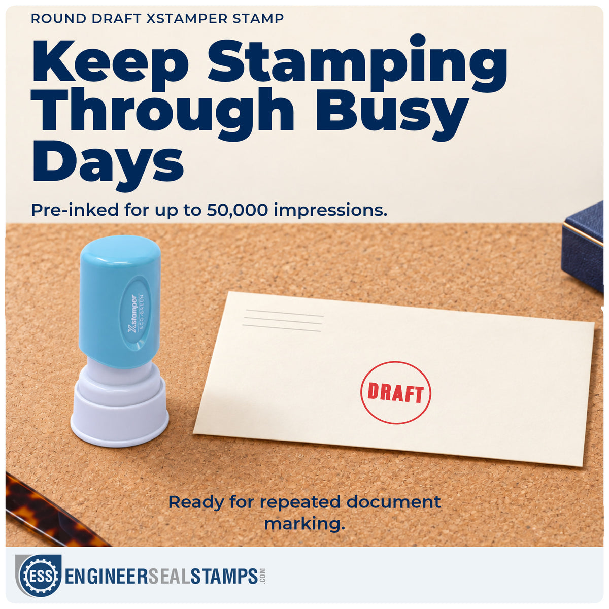 Re-inkable "Draft" stamp built for thousands of repeat impressions