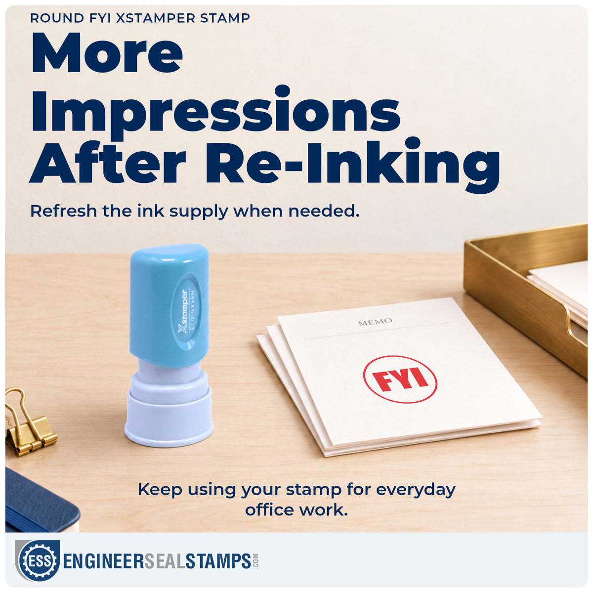 Re-inkable "FYI" stamp built for thousands of repeat impressions