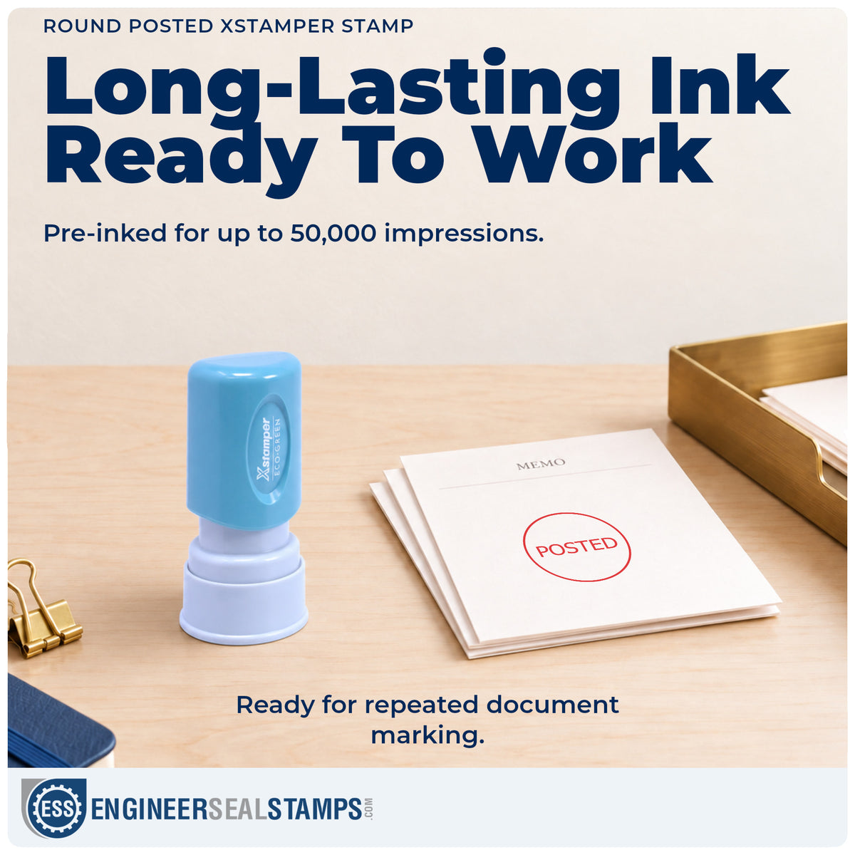 Re-inkable "Posted" stamp built for thousands of repeat impressions