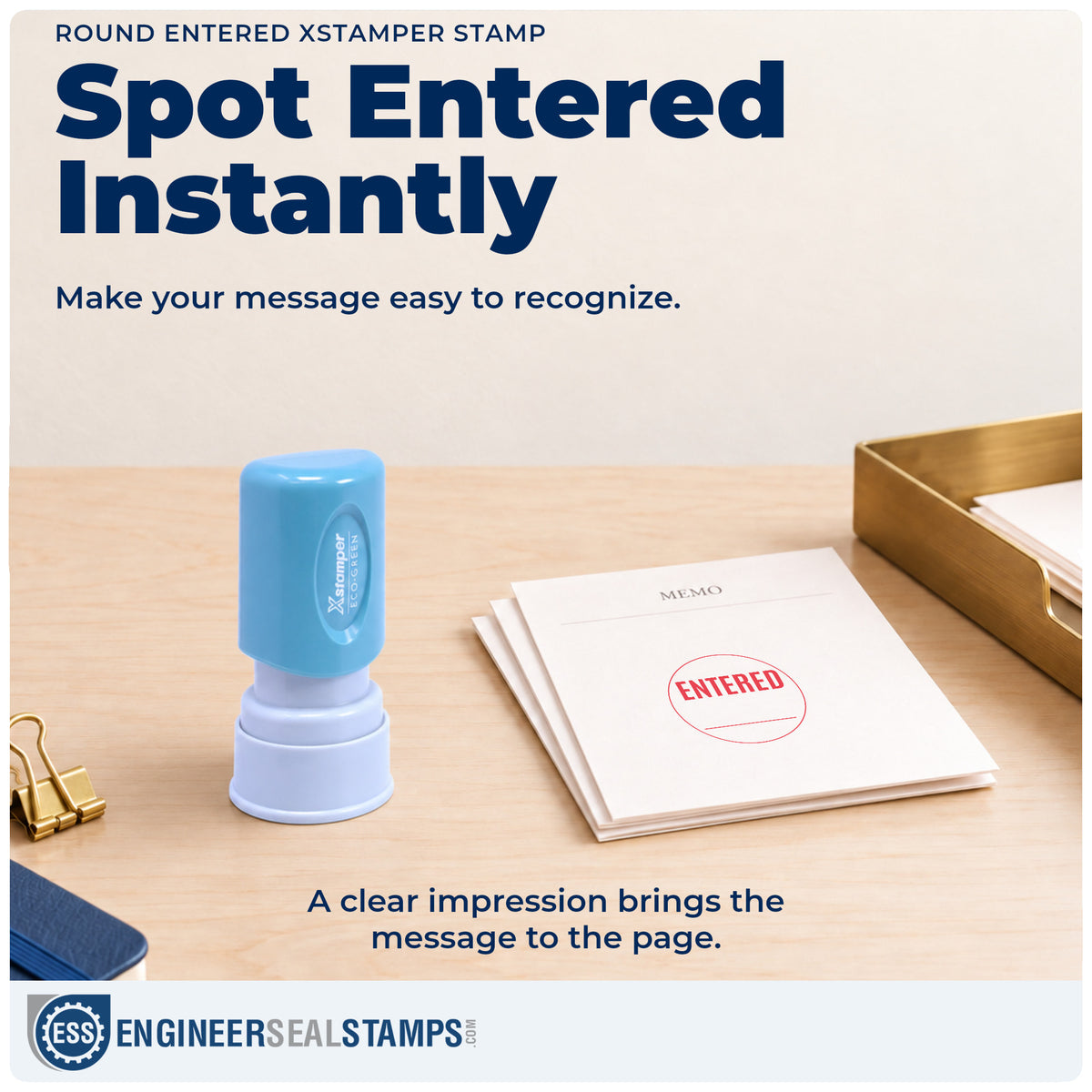 "Entered" imprint on office paperwork beside the Xstamper Entered Stamp – Round Pre-Inked