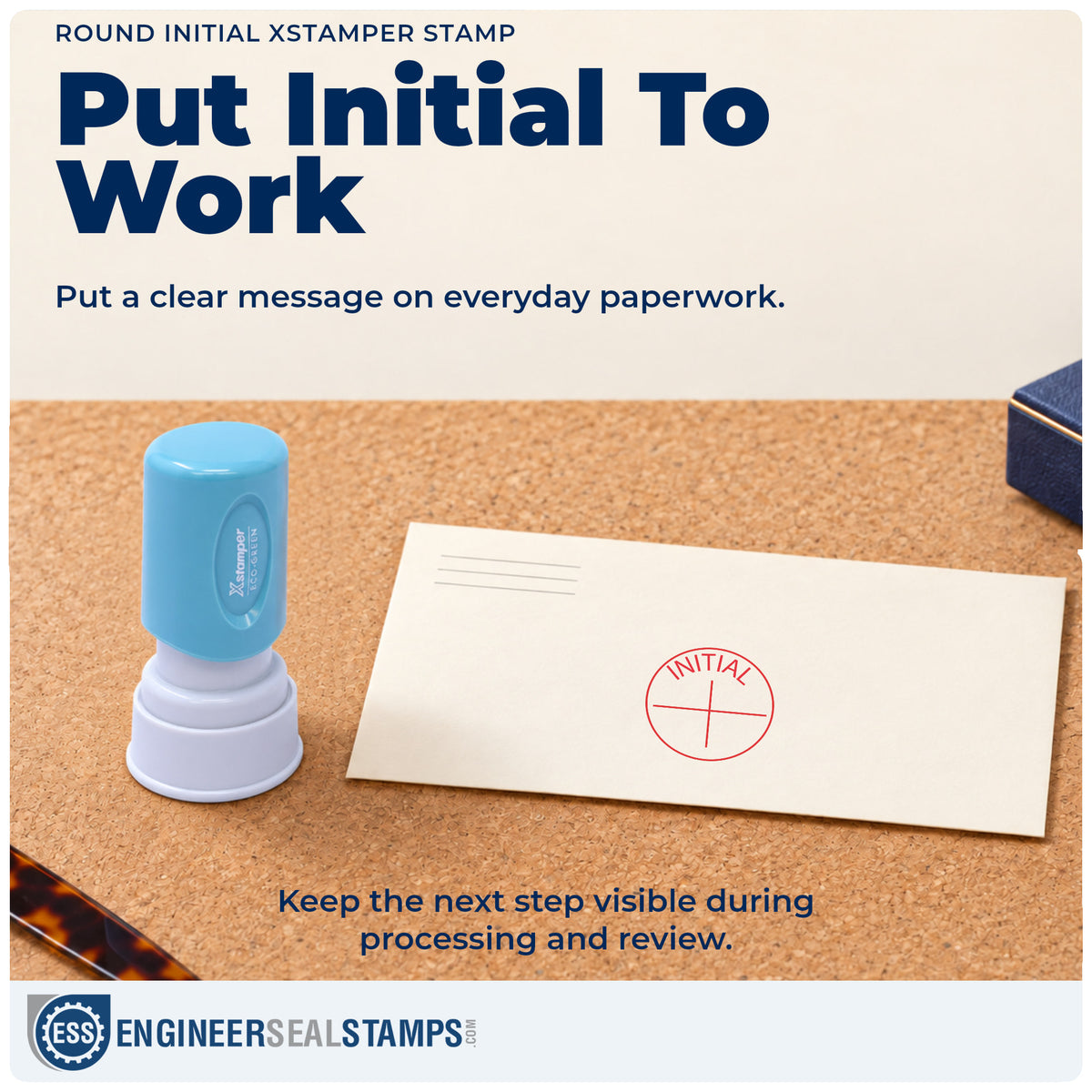 "Initial" stamp being pressed onto a document during everyday filing