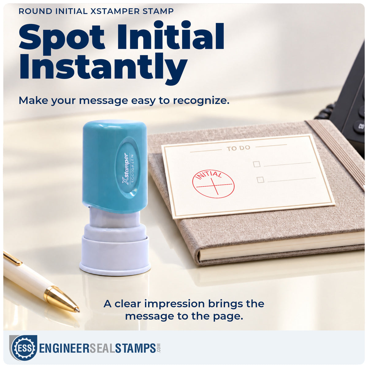 "Initial" imprint on office paperwork beside the Xstamper Initial Stamp – Round Pre-Inked