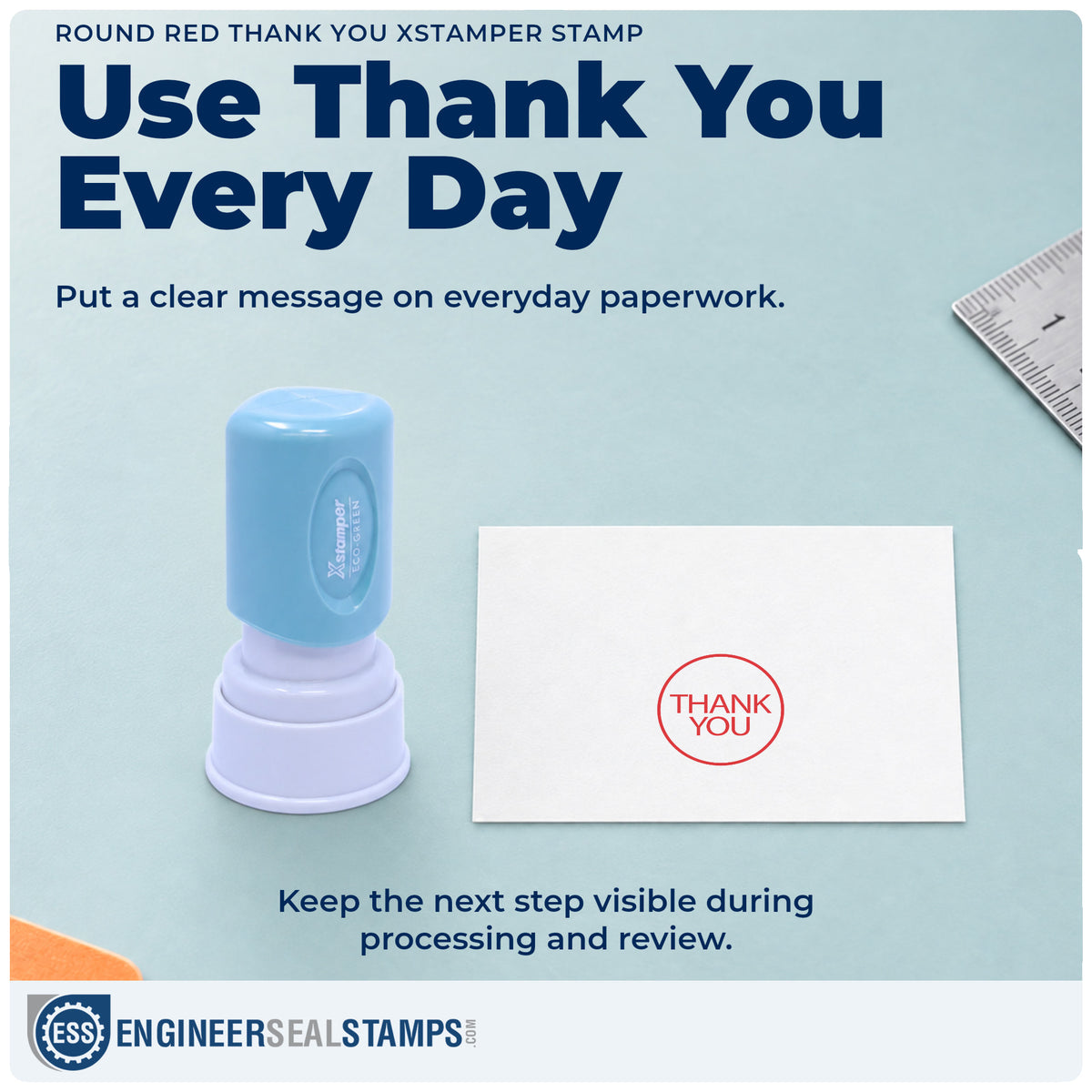 "Thank you" stamp being pressed onto a document during everyday filing