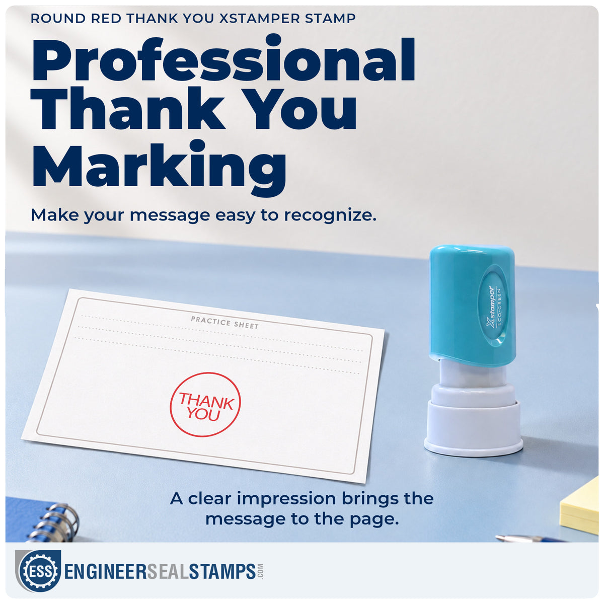 "Thank you" imprint on office paperwork beside the Thank You Stamp – Round Red Pre-Inked Xstamper