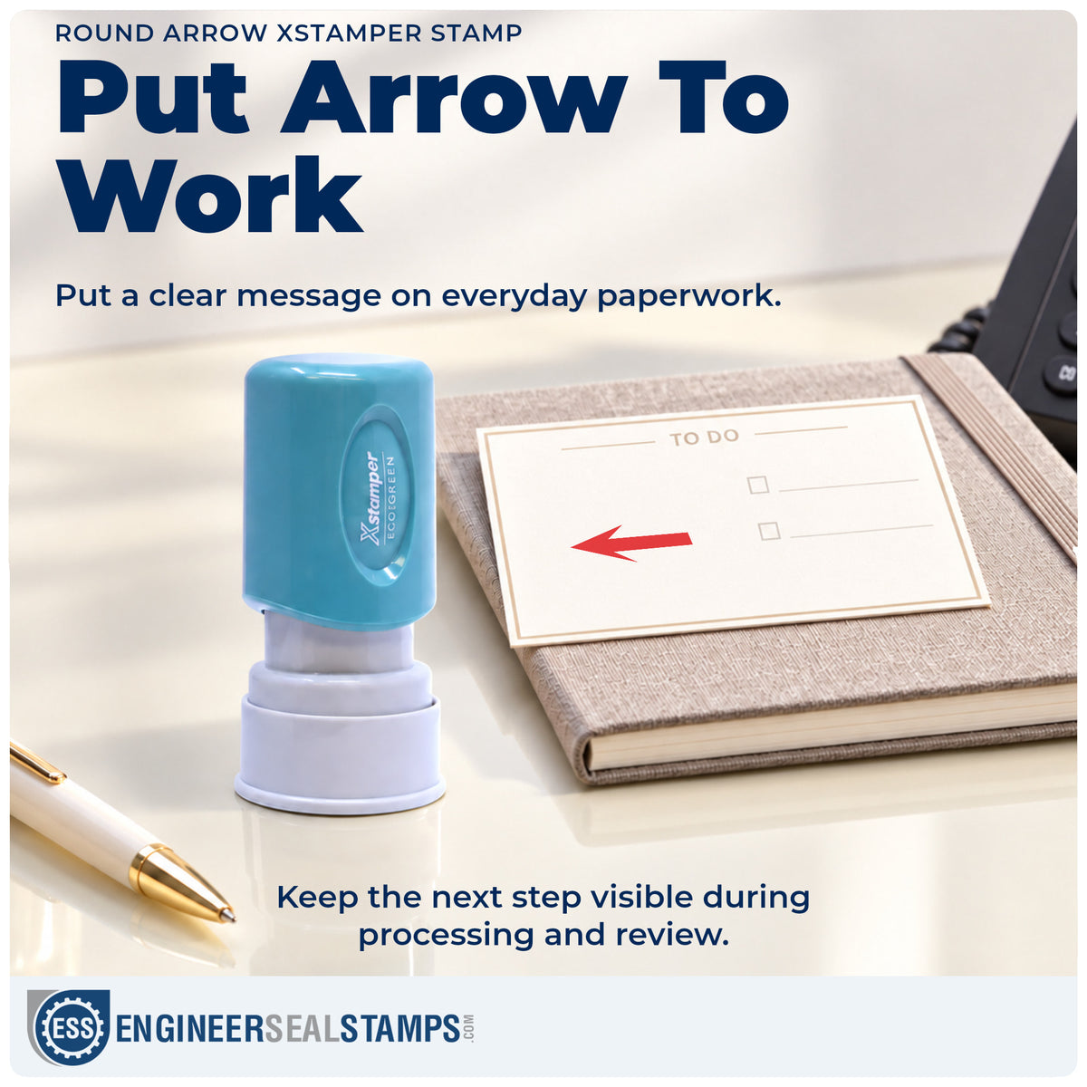 "Arrow" stamp being pressed onto a document during everyday filing