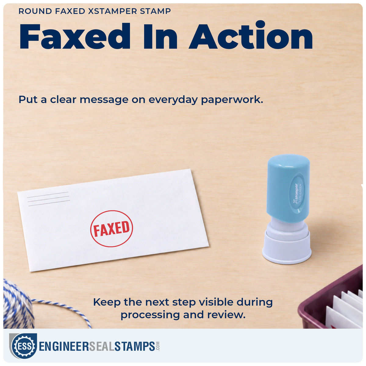 "Faxed" stamp being pressed onto a document during everyday filing