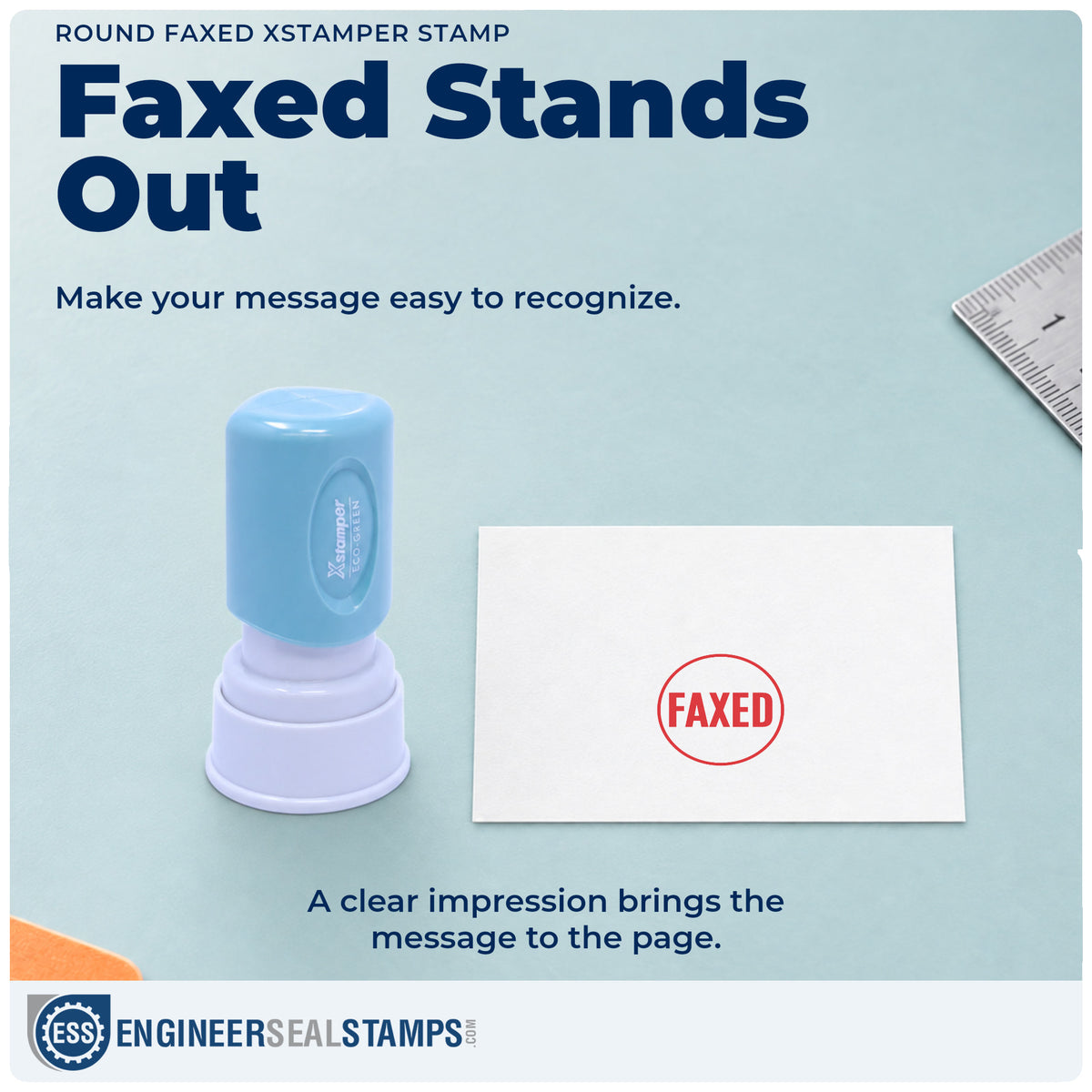 "Faxed" imprint on office paperwork beside the Round Faxed Stamp – Pre-Inked Xstamper