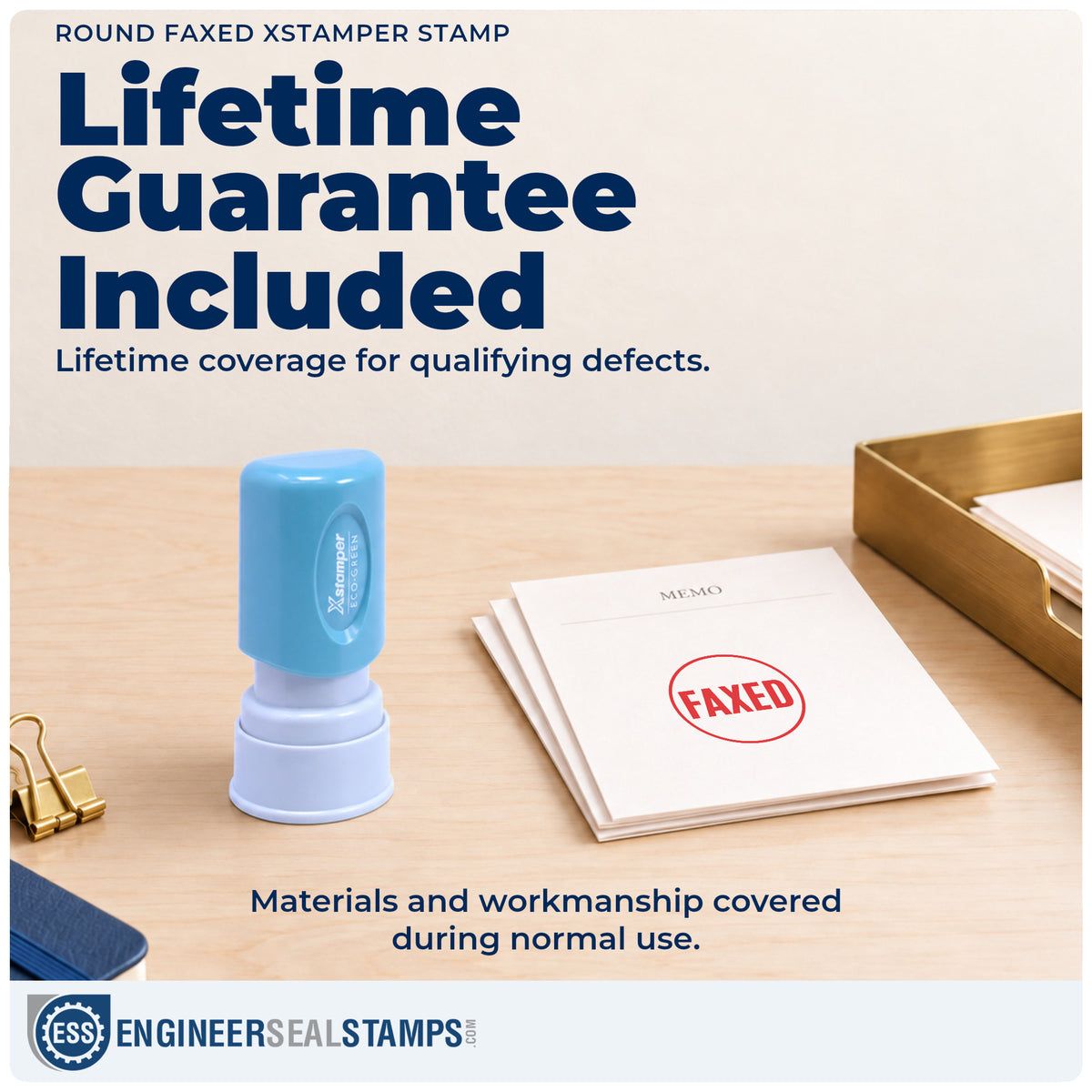 Lifetime guarantee coverage on the "Faxed" Xstamper pre-inked stamp