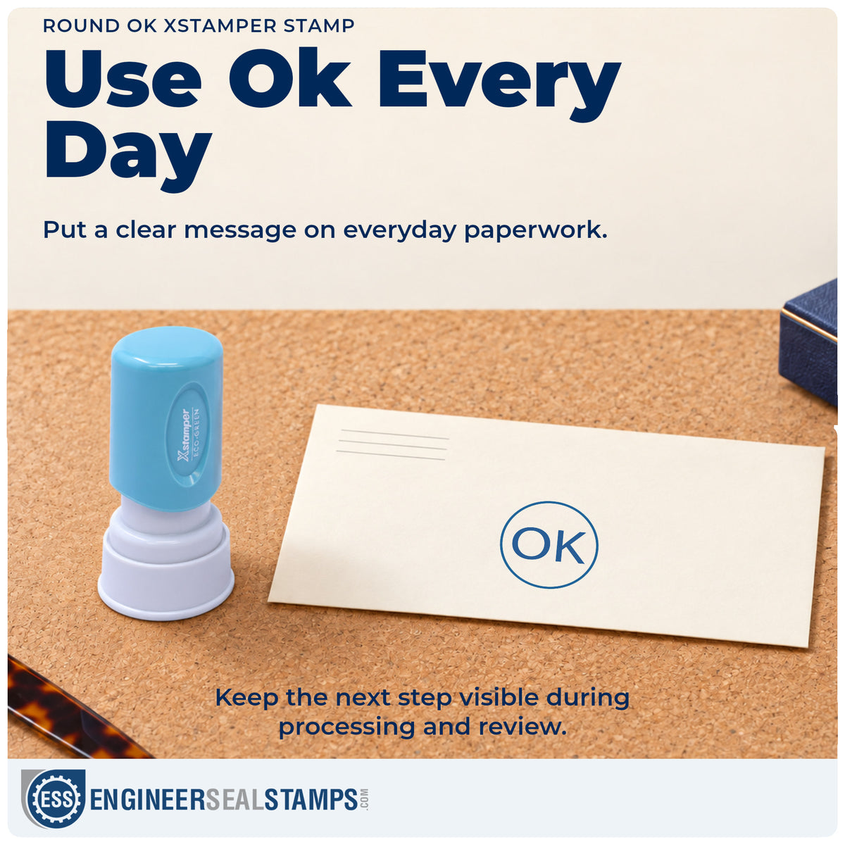 "OK" stamp being pressed onto a document during everyday filing