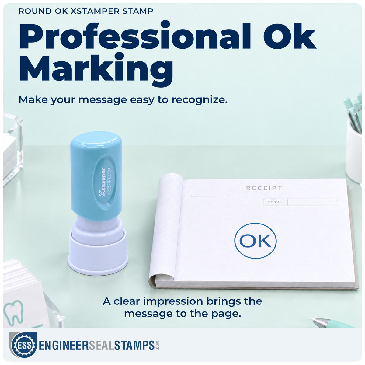 "OK" imprint on office paperwork beside the Round OK Stamp – Pre-Inked Xstamper