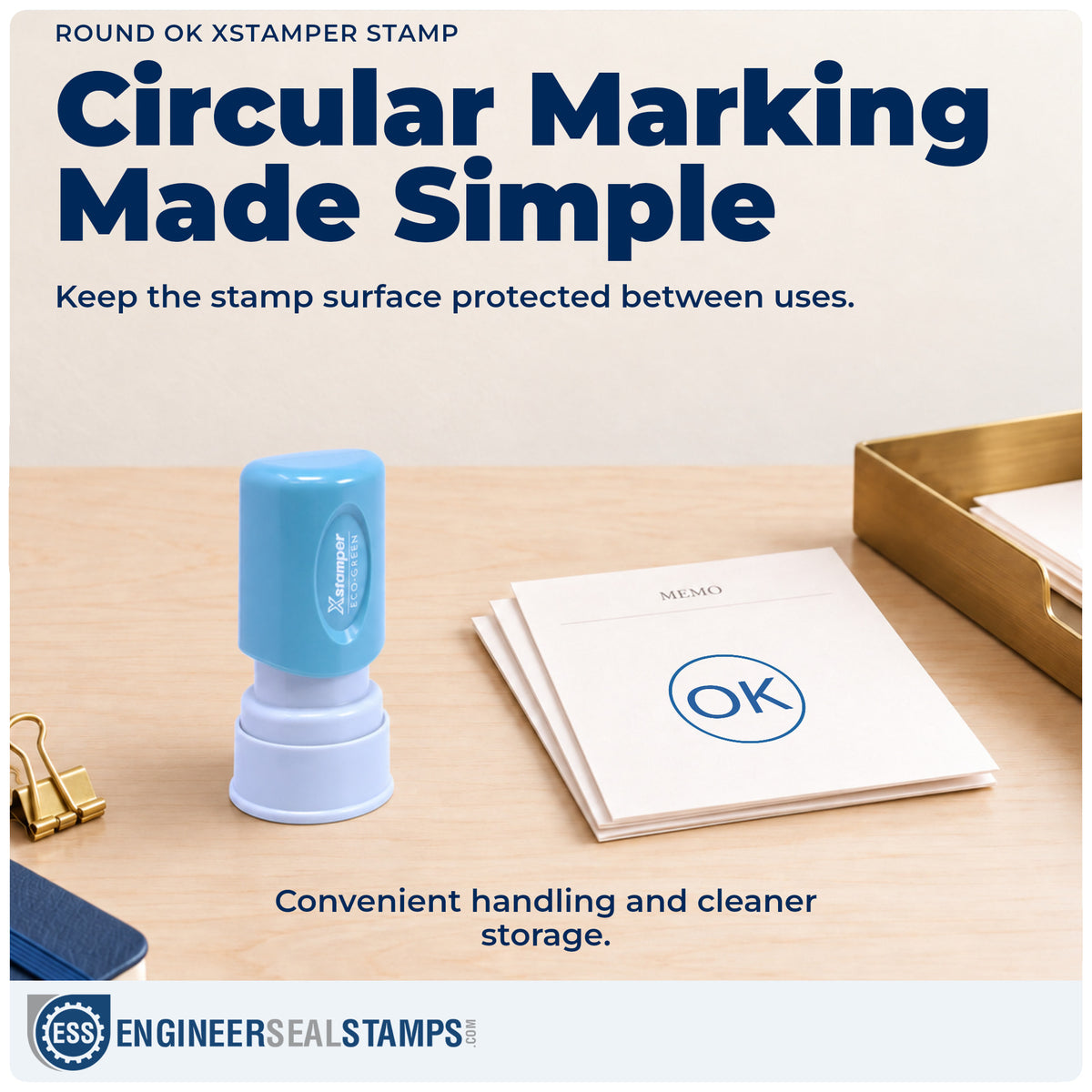 Features of the "OK" Xstamper No. 11357 pre-inked stamp