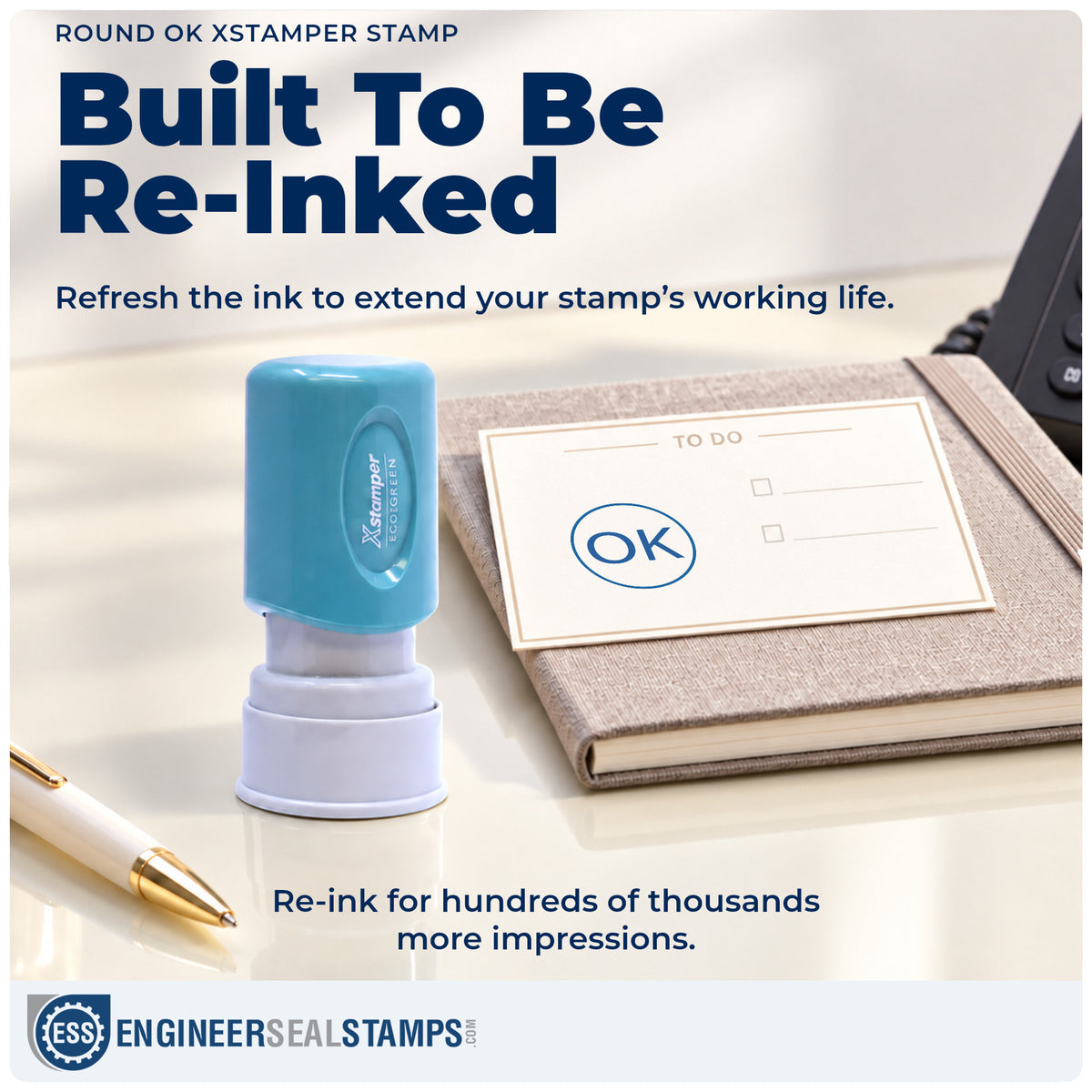 Re-inkable "OK" stamp built for thousands of repeat impressions