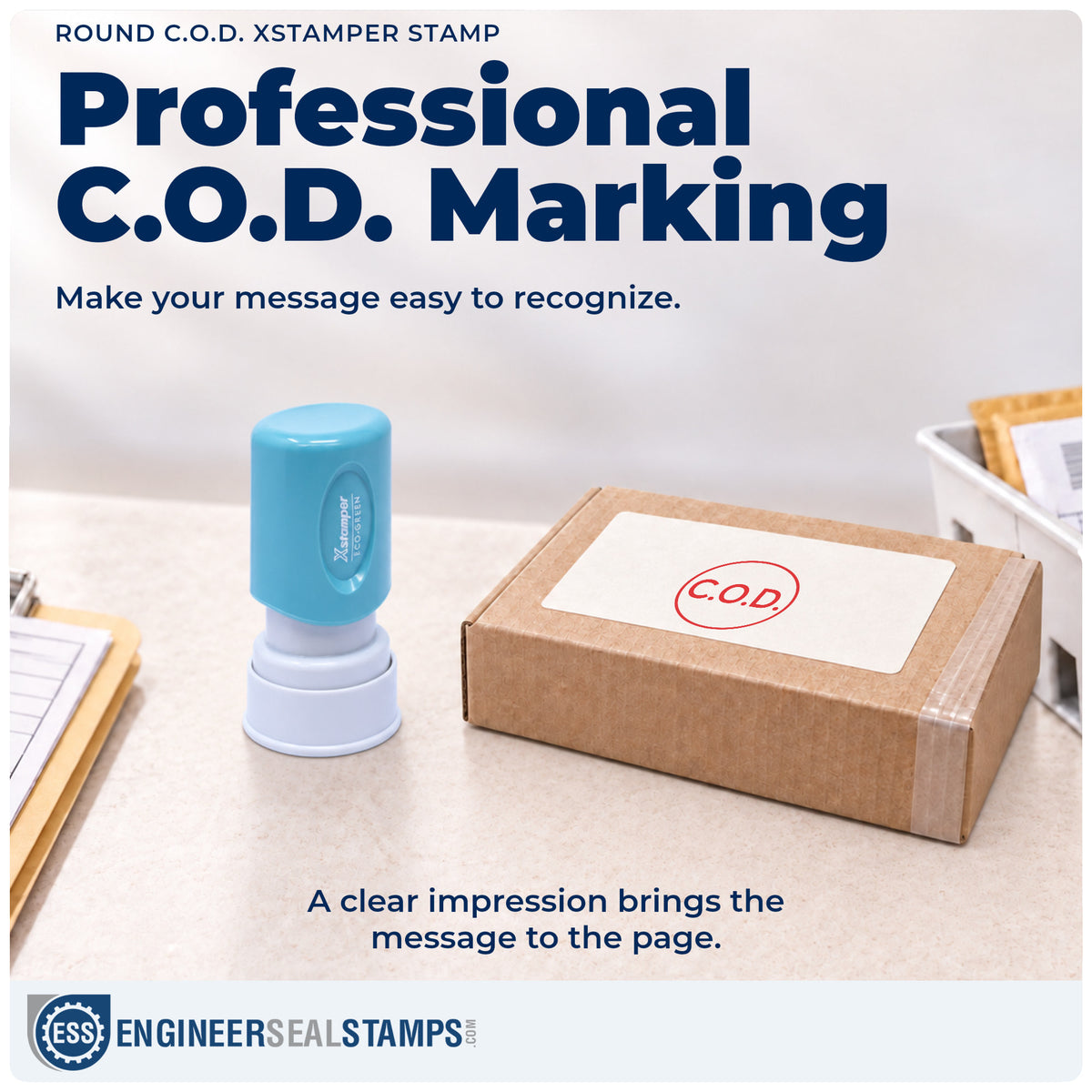"C.O.D." imprint on office paperwork beside the C.O.D. Stamp – Round Pre-Inked Xstamper