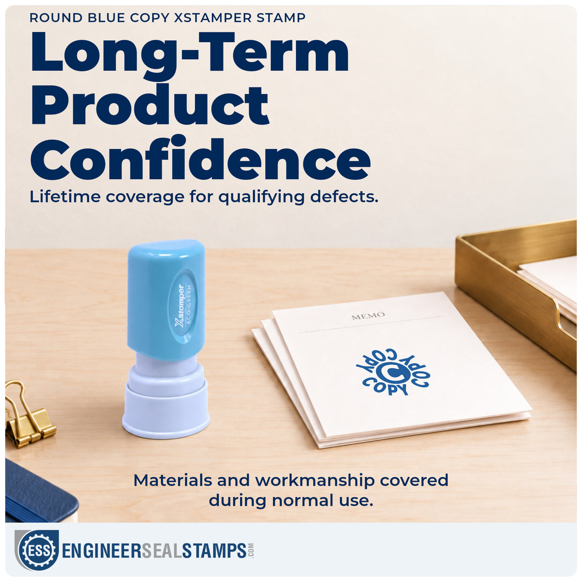 Lifetime guarantee coverage on the "Copy" Xstamper pre-inked stamp