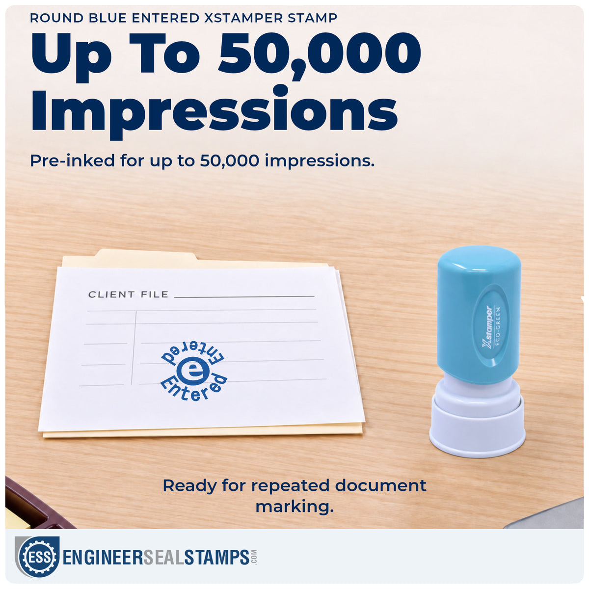 Re-inkable "Entered" stamp built for thousands of repeat impressions