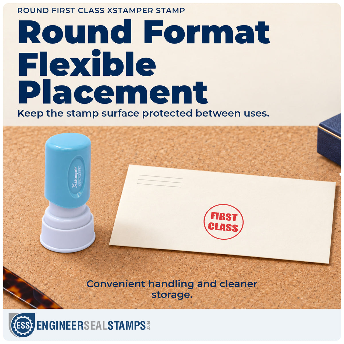Features of the "First class" Xstamper No. 11412 pre-inked stamp