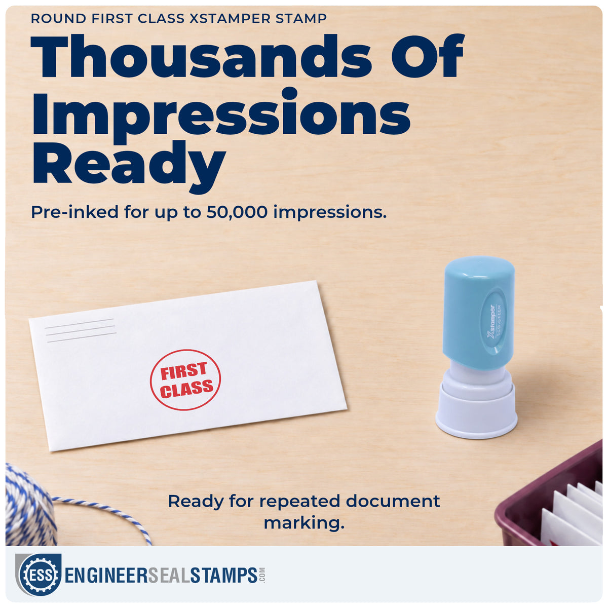 Re-inkable "First class" stamp built for thousands of repeat impressions